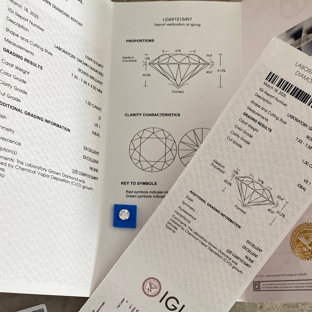 Certified IGI 1.50 round brilliant Lab Grown diamond